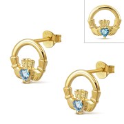 14K Gold Plated | Blue Topaz CZ Claddagh Stud Sterling Silver Earrings - e409